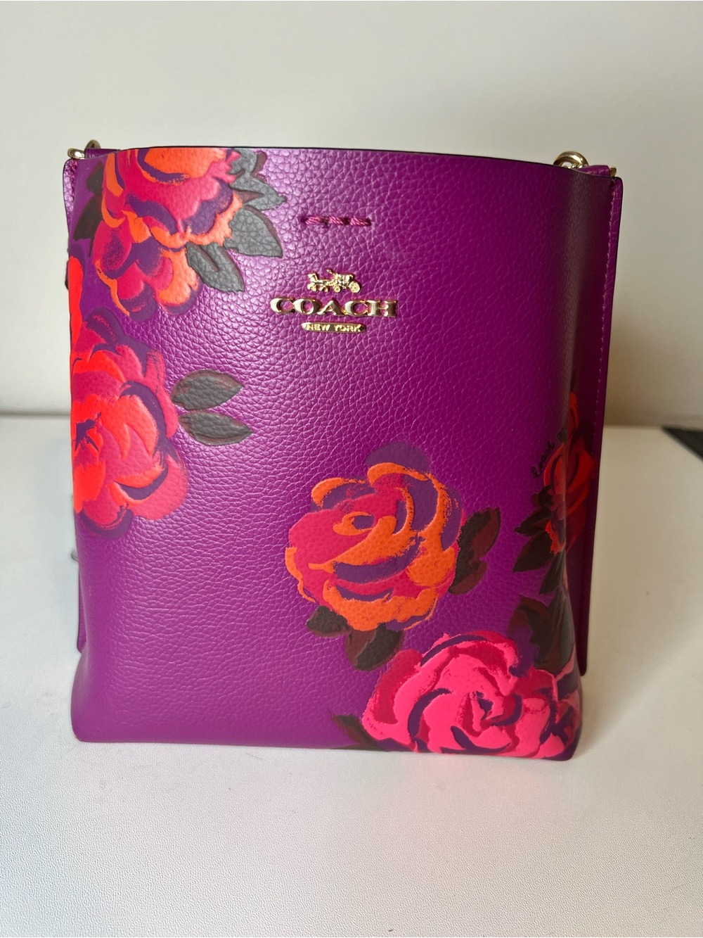 Coach Purple Floral Leather Bucket Bag